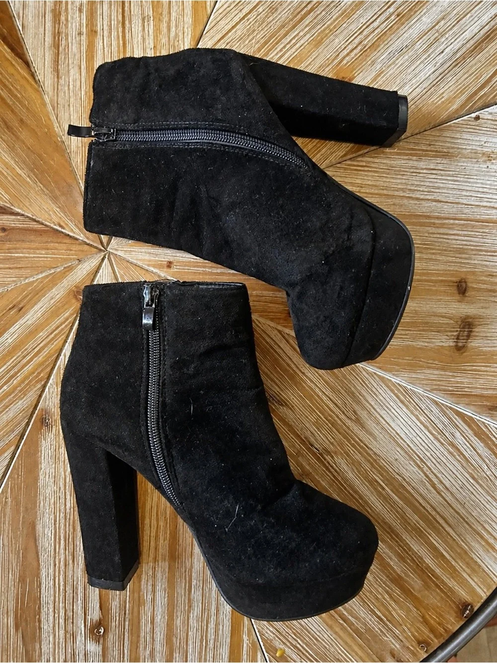 Black Faux Suede Platform Ankle Boots Gold Zipper Size 6